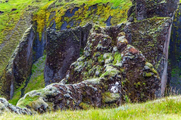 Islandia Verano Misterioso Cañón Islandia Fyadrarglyufur Rocas Cubiertas Musgo Día —  Fotos de Stock