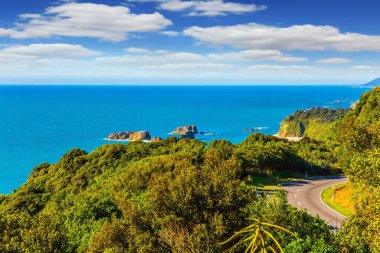 Pasifik Otoyolu 'nda keskin bir dönüş. Yeni Zelanda 'ya büyülü bir yolculuk. Güney Adası. Etkin, ekolojik ve fotoğraf turizmi kavramı