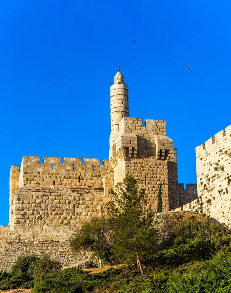 Forntida Citadell Davids Torn Varm Sommarsolnedgång Monumentala Murar Jerusalem Höjden — Stockfoto