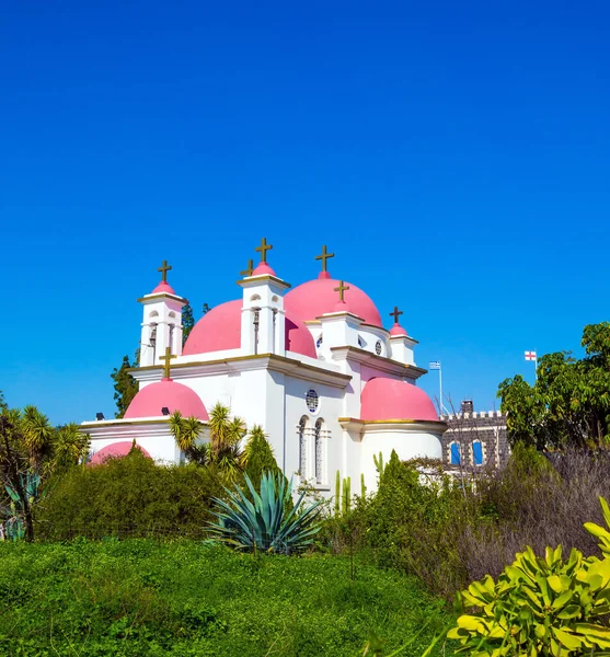 Chiesa Bianca Come Neve Con Cupole Rosa Croci Dorate Splendido — Foto Stock