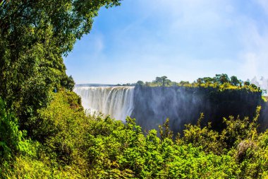 Yağmur mevsiminden sonra yolculuk. Yağışlı mevsimden sonra Victoria Şelaleleri. Victoria Park, Zambezi Nehri. Ekstrem ve fotoğraf turizmi kavramı