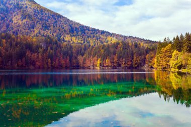 Heybetli Dolomitler dağ sırası. İtalya. Fuzine Gölü. Turuncu, sarı ve kırmızı ağaçlar gölün yeşil, pürüzsüz sularında yansır.