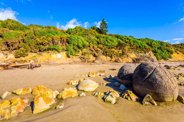 Pittoresco Gruppo Enormi Massi Pietra Rotonda Moeraki Loro Resti Spiaggia — Foto Stock