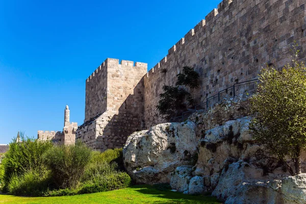 暑い夏の日没 古いエルサレムの要塞の壁 古代の城塞 ダビデの塔 古代の壁の下で成長している愛らしい緑の芝生 歴史的 巡礼的 写真観光の概念 — ストック写真