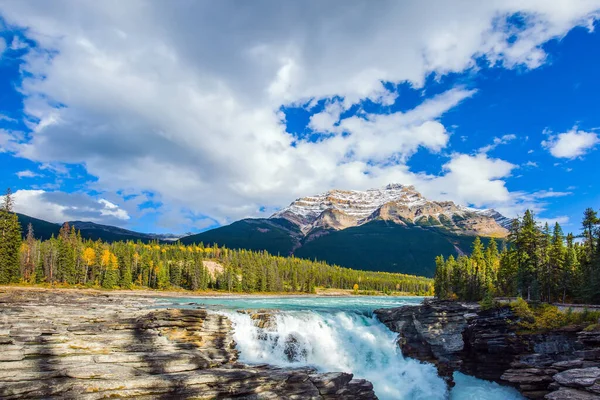 Beroemde Athabasca Watervallen Bergen Rivieren Watervallen Vormen Prachtige Landschappen Jasper — Stockfoto