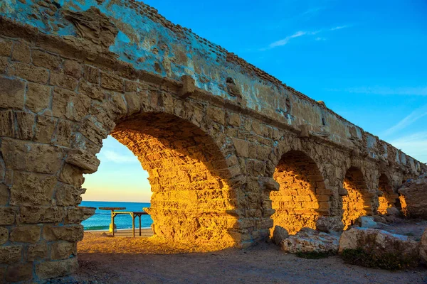 Sommar Israel Magisk Solnedgång Caesarea Vid Medelhavets Stränder Den Antika — Stockfoto