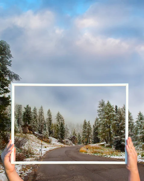 Magnificent Panorama Giau Pass Wet Winding Road White Frame First — Stock Photo, Image