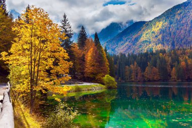 Heybetli Dolomitler dağ sırası. İtalya, Fuzine Gölü. Turuncu, sarı ve kırmızı ağaçlar gölün yeşil, pürüzsüz sularında yansır.