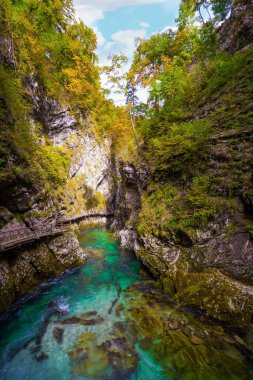 Vadinin yamaçlarında korkuluklar ve köprülerle ahşap geçitler vardı. Vintgar geçidi. Gün batımı, gök mavisi suyla dağı aydınlatır. Slovenya. Aktif ve fotoğraf turizmi kavramı