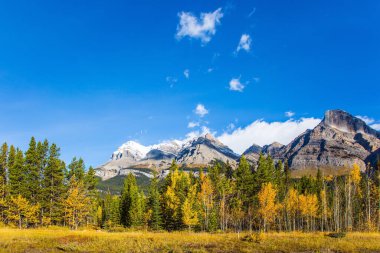 İlk kar şimdiden tepelere yağdı. Büyük Kanada Kayalıkları. Huş ve kavak ağaçlarının sarı yaprakları yeşil kozalaklılarla karıştırılır. İbrahim Gölü 'nün resimli kıyıları