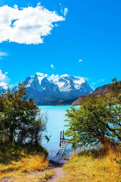 Jeď Chile Malebné Jezero Pehoe Patagonských Andách Obrovské Jezero Jasnou — Stock fotografie