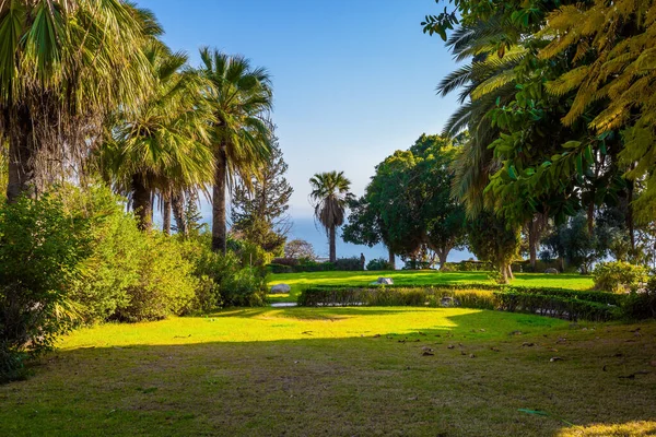 Monte Della Beatitudine Sul Mare Galilea Parco Fiorito Intorno Monastero — Foto Stock