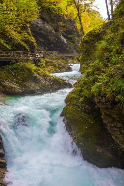 Dağ nehrinde kaynayan şelaleler. Vadinin yamaçlarında korkuluklu ahşap geçitler vardı. Gün batımı kaynayan akıntıyı aydınlatır. Slovenya. Vintgar geçidi. Aktif ve fotoğraf turizmi kavramı