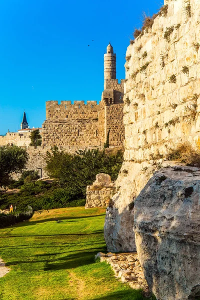 Muro Fortaleza Velha Jerusalém Antiga Cidadela Torre David Relvado Verde — Fotografia de Stock