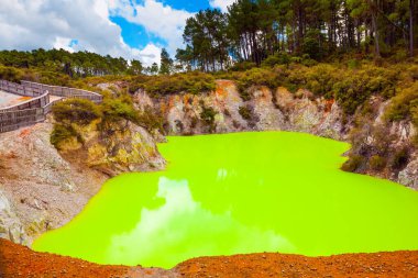 Parlak yeşil suyu olan Şeytan Hamamı. Rotorua 'nın eşsiz jeotermal alanı. Volkanik Vadi Waimangu, Wai-O-Tapu. Yeni Zelanda, Kuzey Adası. Aşırı, egzotik ve fotoğraf turizmi konsepti
