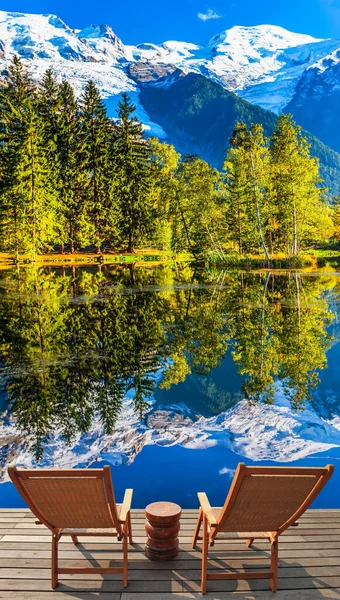 Concept Active Ecotourism Fantastic Sunset Autumnal Alps Stunning Reflections Snowy — Stock Photo, Image