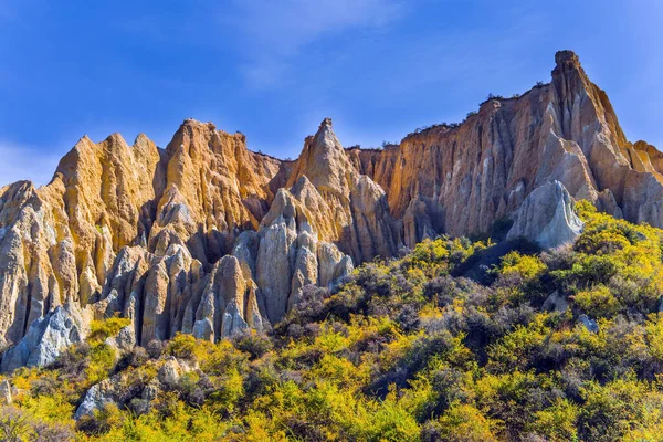 Clay Cliffs Natural Formations Land Ridges Separated Narrow Ravines Omarama — Stock Photo, Image