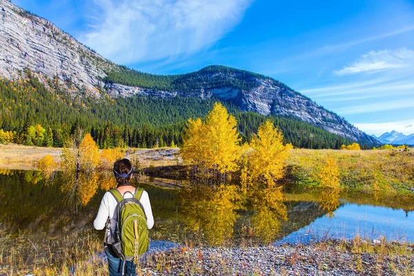 カナダのロッキー山脈にあるアブラハム湖の絵のような海岸 大規模な緑の観光バックパックを持つ中年の女性は 湖を賞賛します 活動的 生態学的 写真観光の概念 — ストック写真
