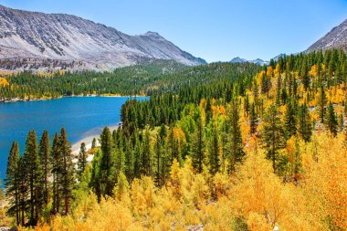 Rock Creek yolu ve göller. Montana, ABD 'de bereketli bir sonbahar. Mavi sularla çevrili muhteşem oval göl resimsi dağlar ve kozalaklı ve yaprak döken ormanlarla çevrilidir.