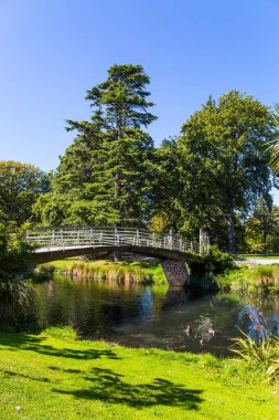 Sakin bir nehrin üzerinde köprü. Nehir parkın içinden akar. Christchurch Sahnesi Botanik Bahçesi. Hint yazı. Yeni Zelanda 'ya git. Ekolojik ve fotoğraf turizmi kavramı