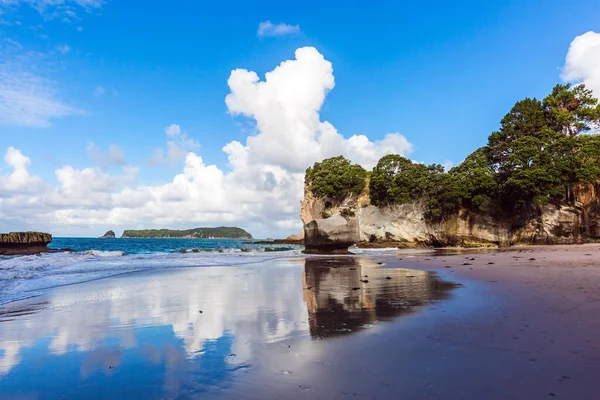 Hayatının geri kalanı için büyük bir macera. Yeni Zelanda 'ya git. Katedral Koyu. Okyanus alçak gelgit. Islak kumdaki bulutların ayna yansımaları. Egzotik, ekolojik ve fotoğraf turizmi kavramı