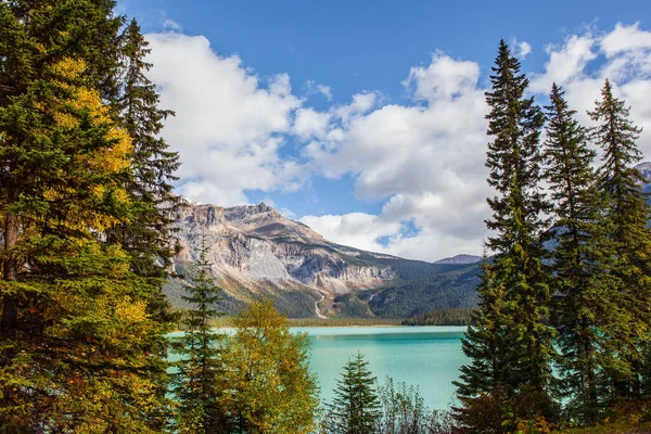 Sunny Cold Day Rocky Mountains Coniferous Forest Mountain Peaks Surround — Stock Photo, Image