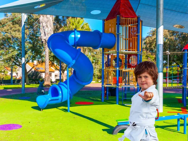 Handsome Boy White Suit Engaged Judo Great Kids Playground Attraction — Stock Photo, Image