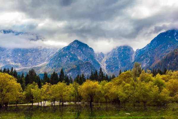 Dolomité Jsou Pokryti Mraky Oranžové Žluté Stromy Odrážejí Zelené Hladké — Stock fotografie