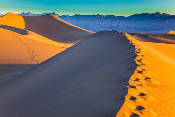 砂丘の足跡の絵の鎖 かなり平らな砂丘 アメリカだ 砂漠のオレンジの日の出 活動的 生態学的 写真観光の概念 — ストック写真