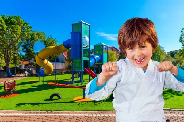 Handsome Boy Green Eyes Special White Suit Engaged Judo Cosy — Stock Photo, Image