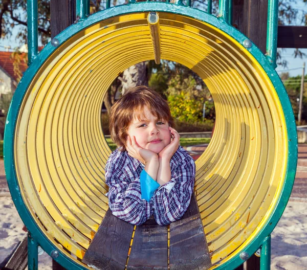 Children Playground Beautiful Sunny Day Handsome Charming Boy Checkered Cowboy — Stock Photo, Image