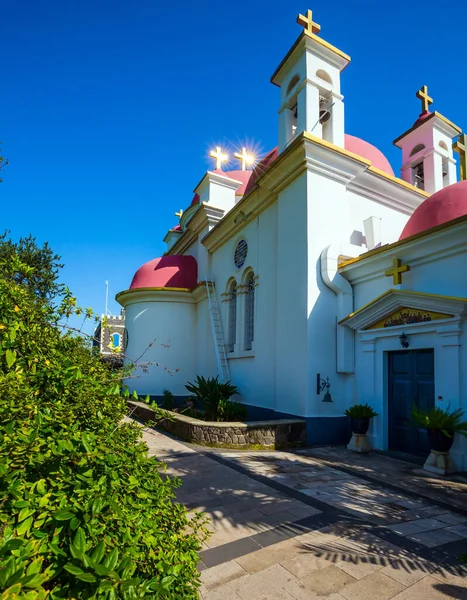 Israel Capernaum Orthodox Monastery Church Twelve Apostles Snow White Church — Stock Photo, Image