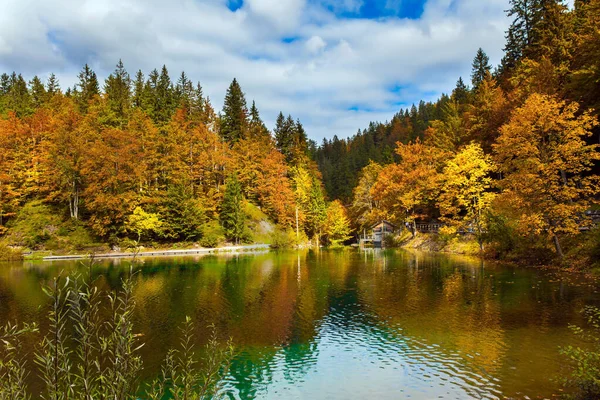 Lago Fuzine Frontera Entre Norte Italia Eslovenia Los Árboles Anaranjados —  Fotos de Stock