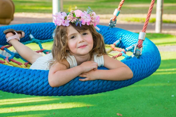 Charming Little Girl Floral Wreath Long Blond Hair Smiles Cheerfully — Stock Photo, Image