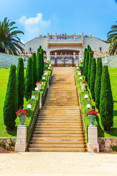 Magnificent marble staircase and garden terraces around the Mount Carmel Temple in Haifa, Israel. Bahai World Center. The descent to the Mediterranean Sea. Clear sunny day by the se