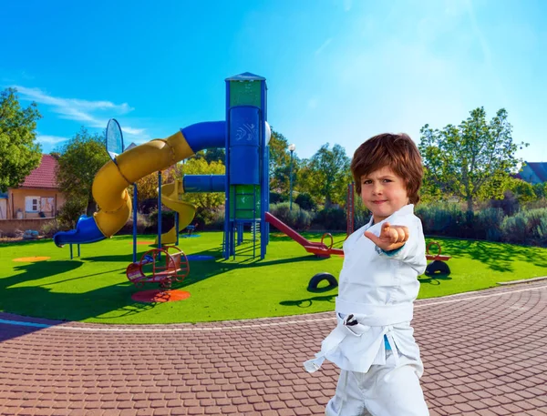 穿着白色和服的英俊男孩练习柔道 舒适的儿童游乐场 有各种五彩缤纷的景点 儿童身心发展的概念 — 图库照片