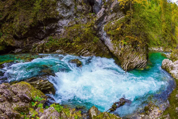 Las Aguas Azules Del Río Radovna Fluyen Entre Los Escarpados — Foto de Stock