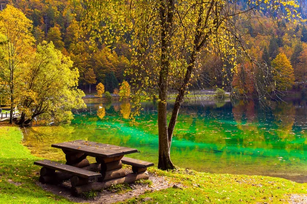 Alps Northern Italy Lake Fuzine Cozy Picnic Corner Wooden Table — Stock Photo, Image