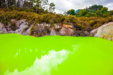  Açık yeşil su renginde Şeytan Hamamı. Volkanik Vadi Waimangu, Wai-O-Tapu. Rotorua 'nın eşsiz jeotermal alanı. Yeni Zelanda, Kuzey Adası. Aşırı, egzotik ve fotoğraf turizmi konsepti