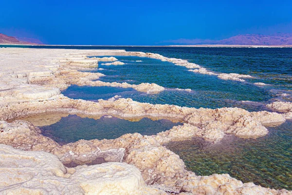 Costa Israelita Mar Morto Dia Primavera Ventoso Sal Evaporado Sobressai — Fotografia de Stock