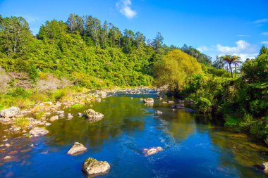 Karangahake Boğazı. Kayalık yataklı sığ bir nehir. Gökyüzü suya yansıyor. Terk edilmiş altın madenlerinin arasındaki nehir. Yeni Zelanda 'ya git. Egzotik ve fotoğraf turizmi kavramı