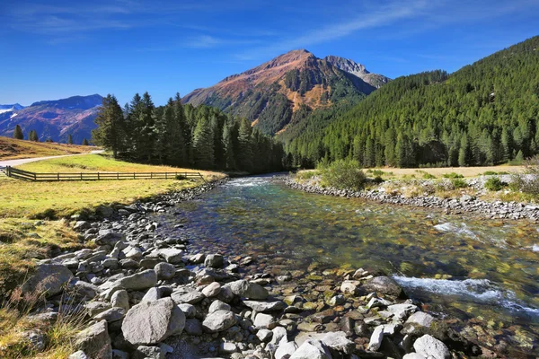 Річка серед зелених гірських лугів — стокове фото