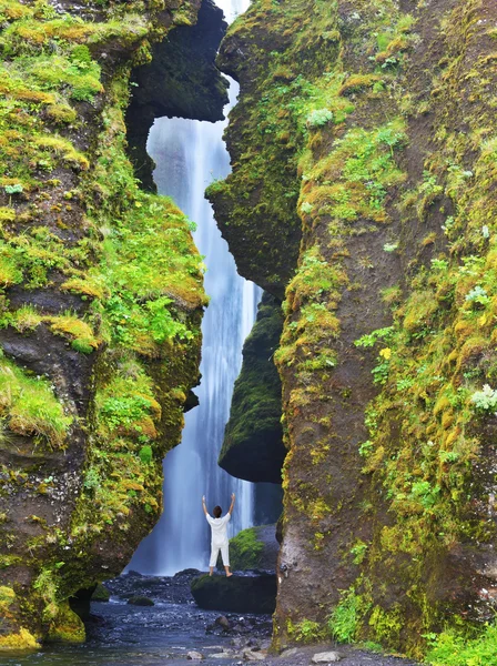 Kvinnan turist beundrar faller — Stockfoto