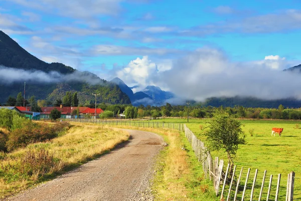 Road leads to the village houses — Stok fotoğraf