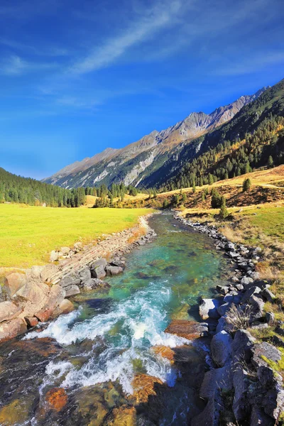 Schnell plätschernder Fluss inmitten grüner Berge — Stockfoto