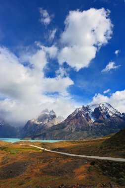 Blue river and snow-capped mountains