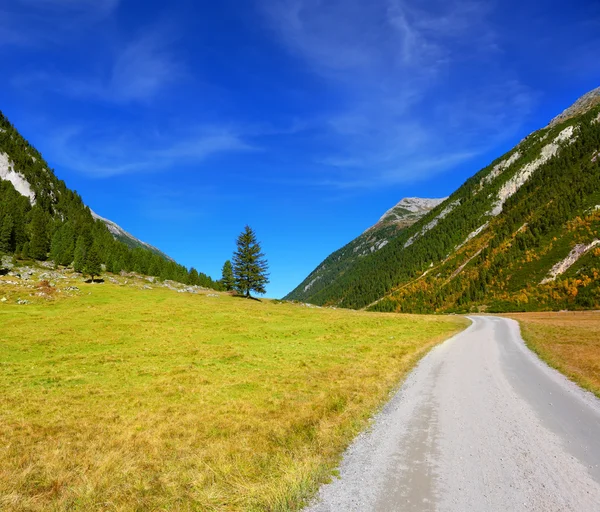 Estrada de terra em um vale alpino — Fotografia de Stock
