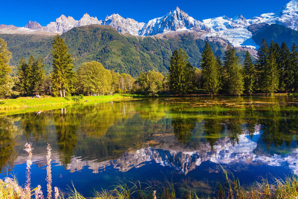 Alps and fir trees reflected in lake