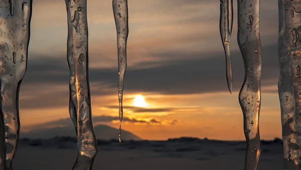 Untergehende Sonne spiegelt sich in Eiszapfen. — Stockfoto