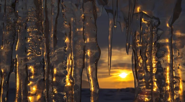 Untergehende Sonne spiegelt sich in Eiszapfen. — Stockfoto